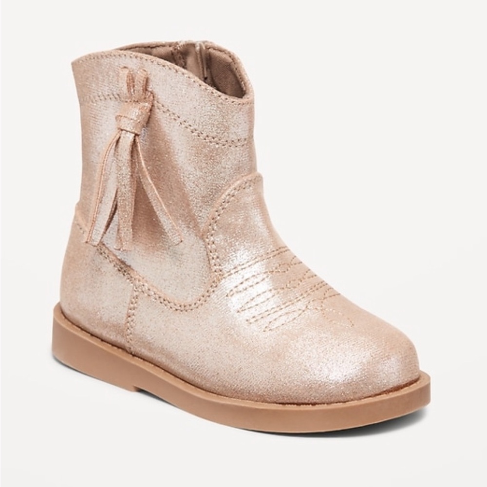 Old Navy Shiny Side Zip Western Boots in “Shiny Neutral”